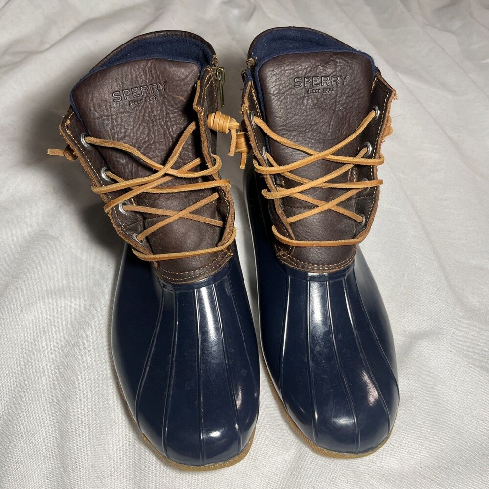 Sperry Saltwater Duck Rain Boots Navy/Dark Brown Leather Zip & Lace Up Womens 11